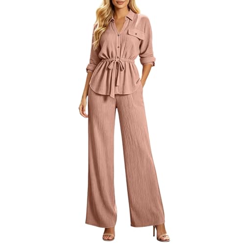 Ensemble deux pièces femme col en V manches 3/4 combinaison été lin loisirs