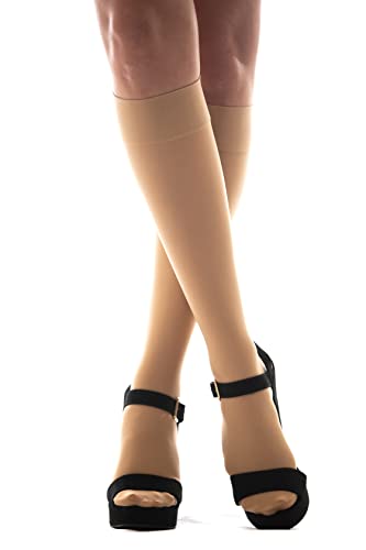 Image of Medicella Premier Closed Toe Knee High Compression Socks for Women 20-30 mmHg Made in USA Medical Quality Sheer Firm Pressure Support Circulation & Travel (Large, Beige)