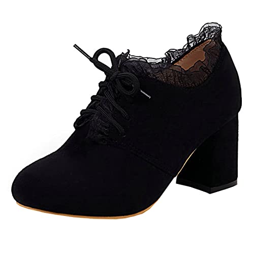 BEAUPAS Women's Chunky Heel Lace Up High Heels Oxford Pumps Round Toe Shoes