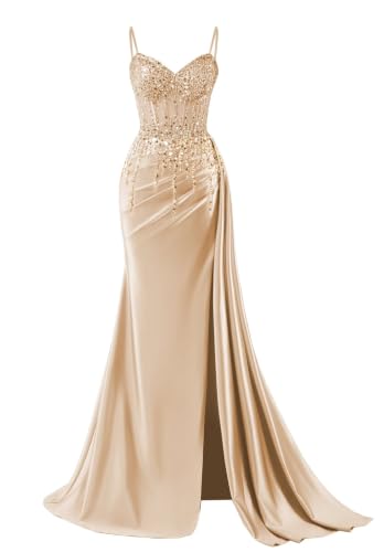 XYNGZOR Sparkly Champagne Prom Dresses with Slit Beaded Satin Ruched Spaghetti Straps Mermaid Prom Dresses with Train Size 4