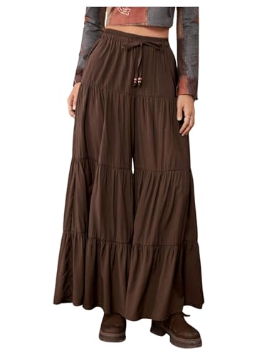 SHENHE Women's Tiered Ruffle Hem Wide Leg Pants Elastic Waist Flowy Palazzo Boho Pants3