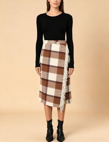 Tanming Womens Plaid Fringed Midi Skirt A Line Warm Wool Wrap Skirt Fall Winter Tartan Dress3