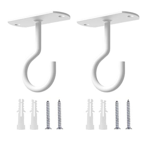 Lyntrioris 2-Pack Heavy Duty Ceiling Hooks for Hanging Plants Includes Mounting Hardware White Coated Steel Hangers for Indoor & Outdoor Use