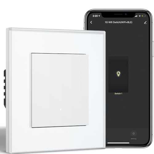 BSEED WiFi Interruttore da Incasso in Vetro 1 Gang 1 Via, Smart Interruttore a Pulsante Compatibile con Alexa/Google Home, Interruttore a Parete Funziona con App Smart Life/Tuya, Bianco