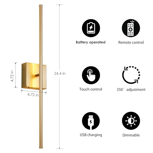 Image of KARTOOSH 24.4 Inch Wall Sconces Battery Operated for Living Room Gold | Rechargeable Wireless Wall Lamp Set of 2, 3000K Warm White Dimmable Wall Light Remote Control Indoor Lighting for Bedroom
