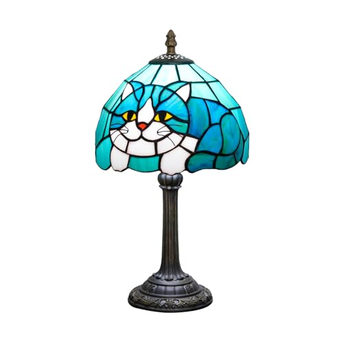 KIPHEPI Tiffany Stained-Glass Cat Mushroom Table Lamp (14in, Warm White)
