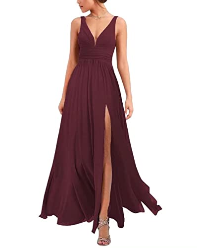 Robe de demoiselle d'honneur col en V robe de soirée bordeaux mousseline plissée ligne A 50