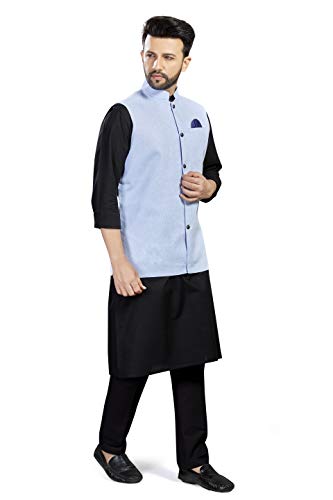 Image of 100% Cotton Blend Stylish Trendy Solid Pattern Sleeveless Comfortable Men's Only Nehru Jacket For Regular Use Ethnic Wear Kurta Set(Sky Blue,Small)