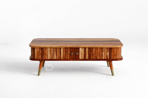 Image of DRIFTINGWOOD Travor Solid Sheesham Wood Coffee Table with Storage | Center Table for Living Room | Tea Table with Sliding Doors and 2 Compartments | Natural Finish