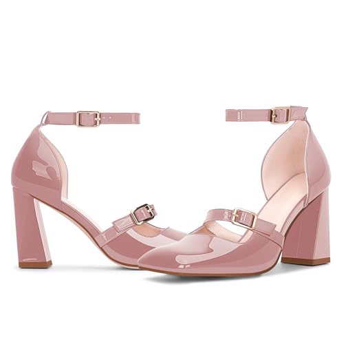 Women's Square Toe Chunky High Heel Mary Jane Pumps Ankle Strap Dress Shoes3