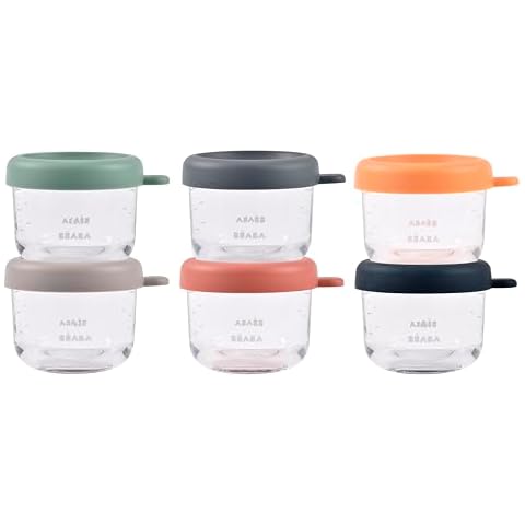 Beaba 6 Pack Glass Baby Food Jars, Freezer, Sterilizer, and Dishwasher Safe, 5 oz Baby Food Storage Jars with Silicone Air Tight Lid, Sunrise Cover