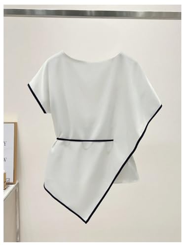 Floerns Women's Elegant Asymmetrical Tie Front Blouse Top Crew Neck Cap Sleeve Shirts2