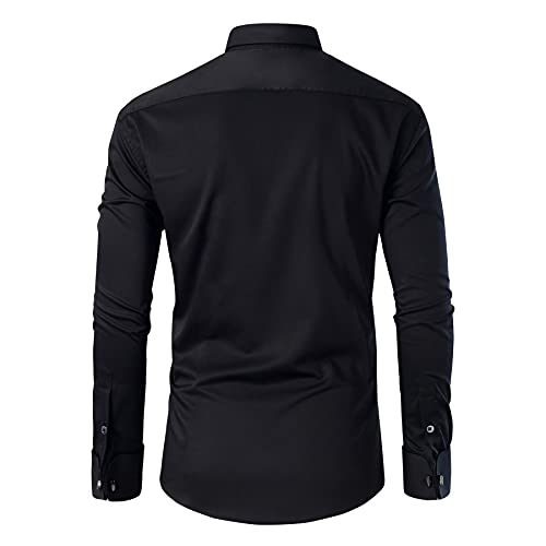 Gollnwe Men's Slim Fit French Cuff Stretch Bamboo Solid Dress Shirt Black L #TOP2