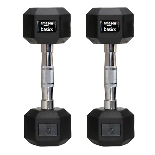 amazon basics Rubber Encased Hex Dumbbell Weight Set Of 2, 5 Kg,Black