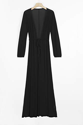 Women's Sexy Thin Mesh Long Sleeve Tie Front Swimsuit Swim Beach Maxi Cover Up Dress4