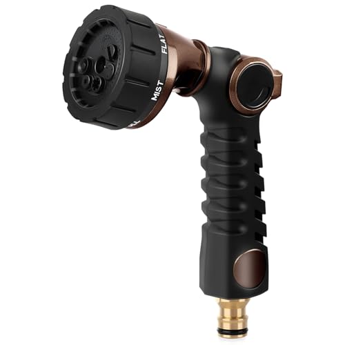 RESTMO Gartenbrause Metall Heavy Duty, Robuste Garten Wasserspritze zum Reinigen und Bewässern, Hochdruck Gartenschlauch Düse 7 Muster für Garten Bewässerung, Autowaschen, Braun
