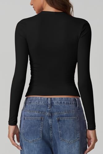 QINSEN Long Sleeve Square Neck Tops for Women Double Lined Side Ruching Going Out Shirts Basic Tee4