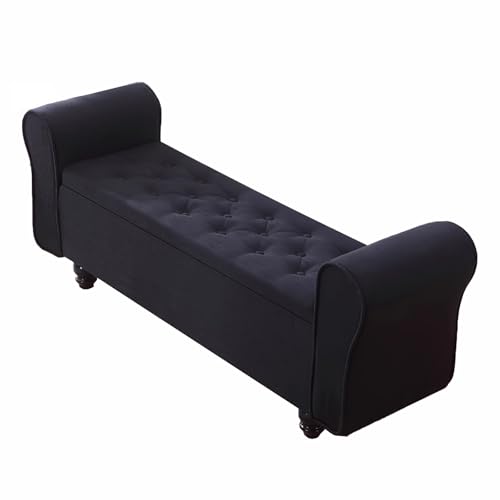 zxhrybh Banco Almacenaje con Reposabrazos, Baul Almacenaje Tapizada, Puff Almacenaje con Botones y Mechones, para Dormitorio, Entrada, Sala de Estar(Black,43.3in/110cm)