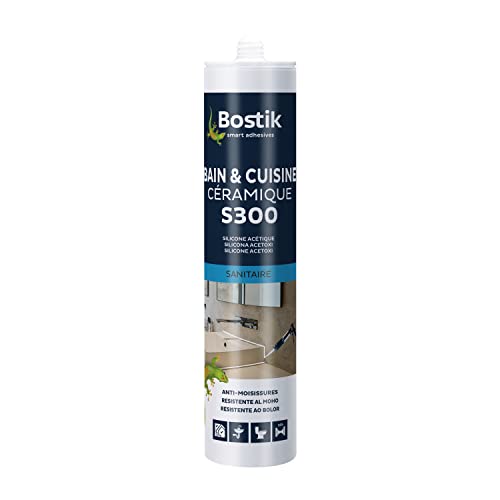 Bostik S300 – Mastic Silicone Etanchéité Bain et Cuisine – Traité Anti Moisissure – Facile à Lisser – Résiste aux Produits d'Entretien – Blanc – Cartouche de 300 ml
