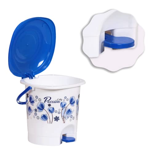 Image of GoodWill Tech Floral Printed Plastic Pedal Dustbin with Lid and Handle For Home, Kitchen, Office (White-Blue)