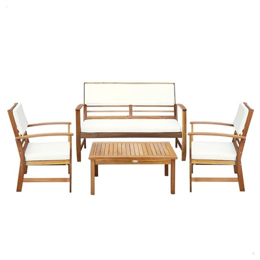 Aktive 61001 - Conjunto muebles de jardín, 1 mesa, 2 sillas, 1 banco, cojines color beige, Madera de acacia
