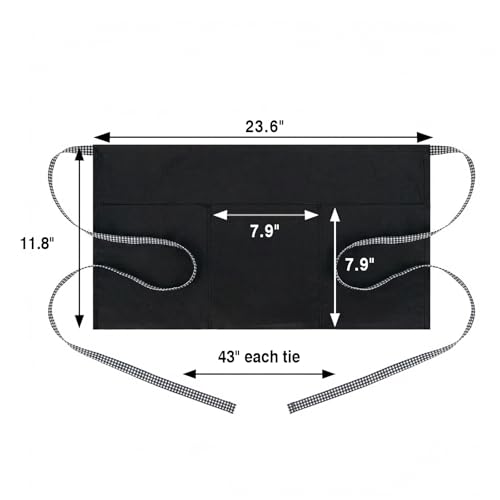 Image of BOHARERS 3-Pocket Waist Apron With Black And White Plaid Shoulder Straps - Black Waitress Waiter Server Short Aprons