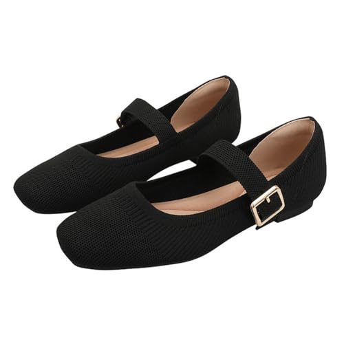 Mary Jane Shoes Women Ballet Flats with Arch Support, Flats for Women Square Toe Comfortable Knit Flats with Ankle Strap, Washable Casual Office Shoes