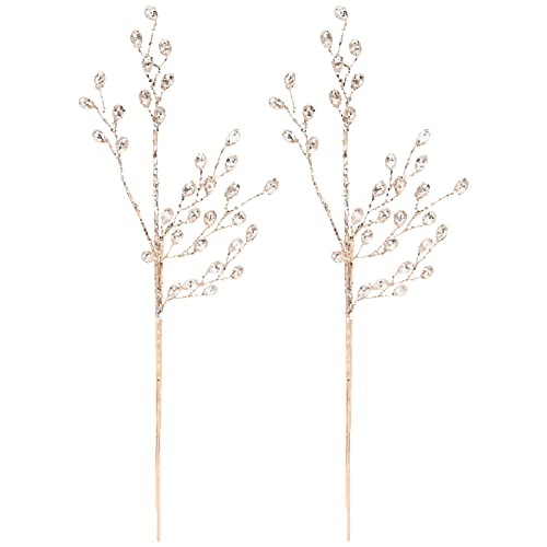 DEARMAMY 2pcs Artificial Bouquets with Bead Drop Crystal Flower Acrylic Stem DIY Wreath Crafts Christmas Berry Stem Fake Picks Branches Vase Fillers for Wedding Birthday Party Decoration