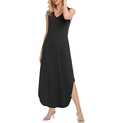 HUSKARY Women's Maxi Dresses V Neck Sleeveless Long Casual Dresses Loose Sundress with Pocket Small Black