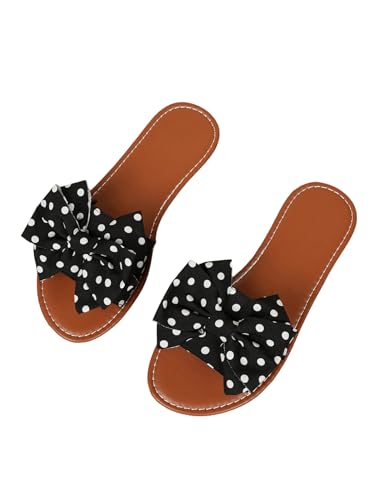 MakeMeChic Women's Polka Dots Bow Flat Sandals Faux Leather Slip On Summer Shoes Black and White 10.5