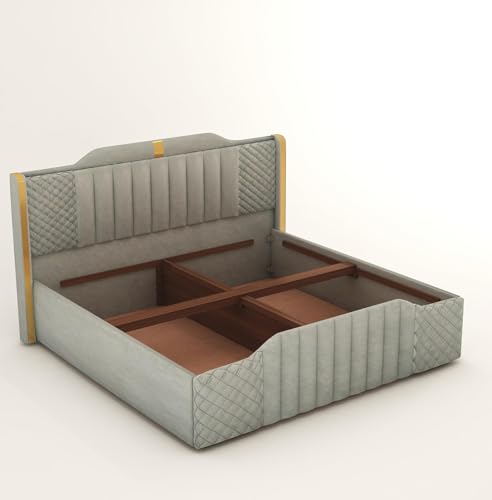 Image of Modern Upholstered King Size Bed with Storage | Double Bed with Box Storage & Upholstery Premium Fabric Headboard | Platform Bed for Bedroom & Hotel | Sheesham Wood, Grey, 6.5 x 6 Ft