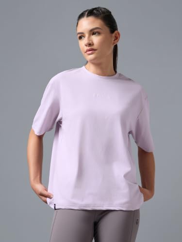 Image of TECHNOSPORT Women's Printed Boxy Fit Round Neck T-Shirt COTFLEX Half Sleeve Slip On Polyester for Gym Yoga Workout UPF50+ Anti Odour