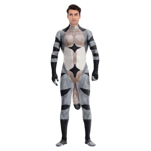 Image of Animal Full Bodysuit for Men Muscle Spandex Jumpsuit Furry Costume with Big Tail for Adult Cosplay Halloween Party