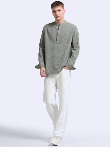 Image of StitchX Men's Seersucker Band Collar Pure Cotton Striped Kurta Shirt-S-2XL