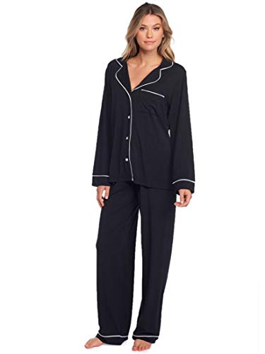 Barefoot Dream Women's Luxe Milk Jersey Piped Pajama Set Sleepwear, Graphite Black, Small