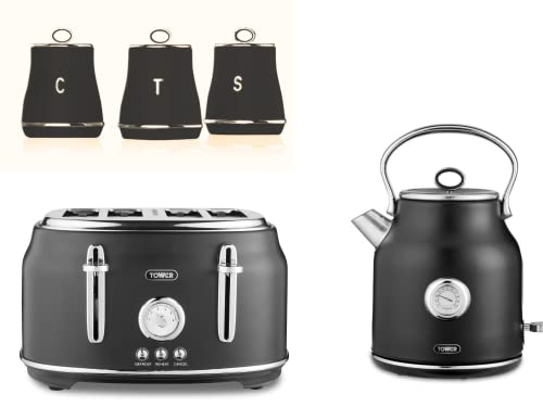 Tower Renaissance 1.7L 3KW Kettle, 4 Slice Toaster & Kitchen Storage Canisters. Matching Kitchen Set of 5 in Black