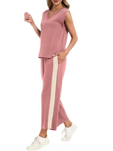 YOKGO Two Piece Sets for Women Summer Outfits V Neck Lounge Sets Business Casual Vacation Travel Matching Set — view 4