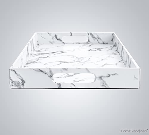 Home Redefined 18”x12” White Marble Faux Leather Decorative Serving Tray with Handles