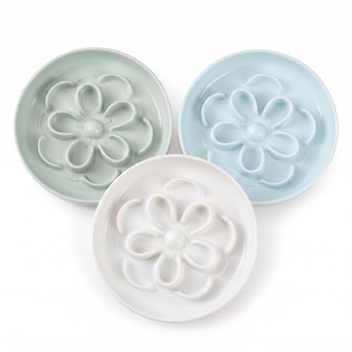 Antischlingnapf 3er Set für Katzen & kleine Hunde–Melamin Futternäpfe mit Labyrinth-Design–Interaktive Näpfe für langsames Fressen – Weiß, Grün, Blau