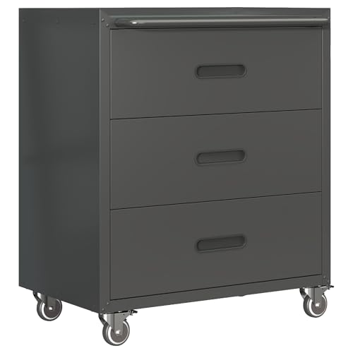 Heavy-Duty Metal Storage Cabinet with Wheels: 3 Drawer Tool Organizer, Home Garage Office Solutions, Black/Gray