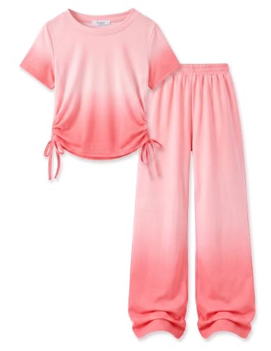 Image of Arshiner Girls 2 Piece Outfit Ruched Drawstring Tops and Wide Leg Pants Set