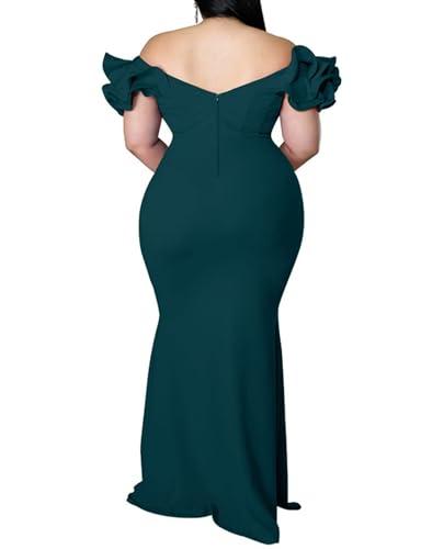 Image of Ekaliy Women's Plus Size Maxi Dress Elegant V-Neck Ruffle Sleeves Bodycon Mermaid Evening Gown