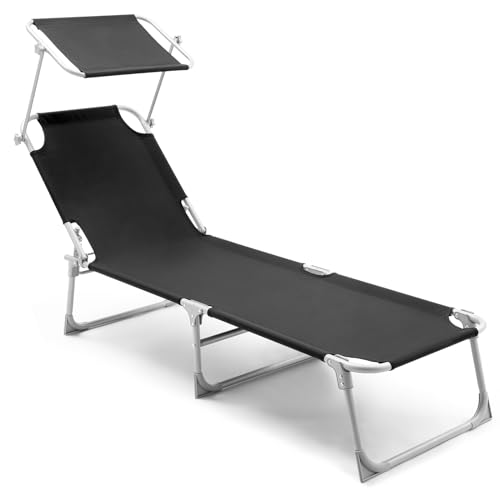 LIFERUN Chaise longue de jardin pliable en aluminium avec dossier réglable sur 3 positions, transportable 193 x 53 x 30 cm, en aluminium, pour loisirs, jardin, noir