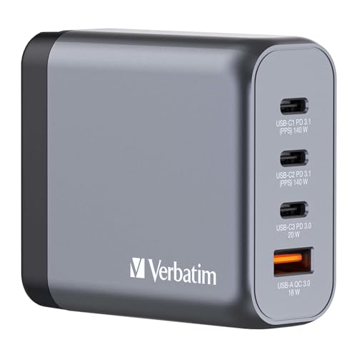 Verbatim GaN Charger ładowarka 140 W, 4 porty USB-C, adapter z 3 x USB-C i 1 x USB-A, szybka ładowarka jako wtyczka wielokrotna, do Apple MacBook, notebooka, iPada, iPhone'a, Samsunga i innych