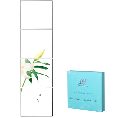 DH Full Length Mirror Tiles-12Inchs 4PCS Self Adhesive Frameless Glass Mirror Sheet, Easy Install Wall Mirror Stickers for Dorm Mirror Bathroom Mirror Home Wall Decor Mirrors