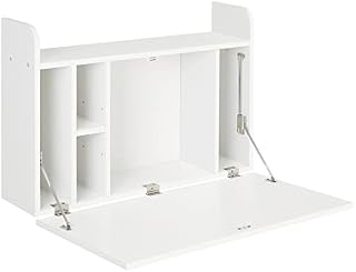 HOMCOM Wall Mounted Table, Drop Leaf Floating Laptop Desk with Space Saving Storage Compartments for Home, Office and Study, White