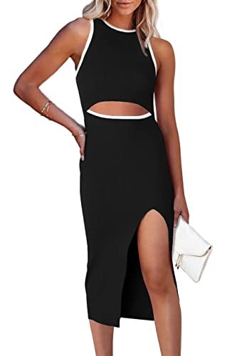 Image of PRETTYGARDEN Women's Summer Midi Bodycon Dresses Casual Crew Neck Side Slit Sleeveless Knit Cut Out Tank Top Dress