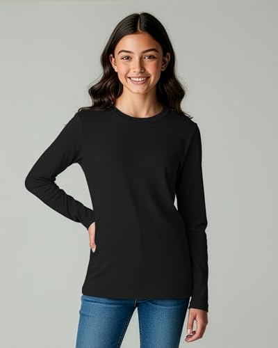Image of Real Essentials 4 Pack: Girls' Cotton Long Sleeve Crew Neck T-Shirt - Athletic Tee Shirt for Teens Kids Youth (Ages 4-16)