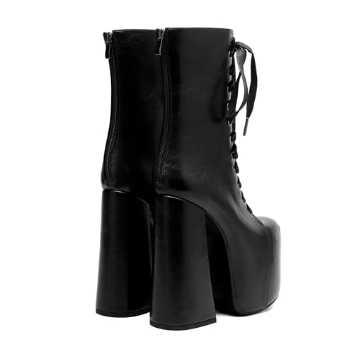Tsrenlmln Women's waterproof platform with flat bottom, small and medium-sized leg boots, square toe tie, 4-inch thick heel3