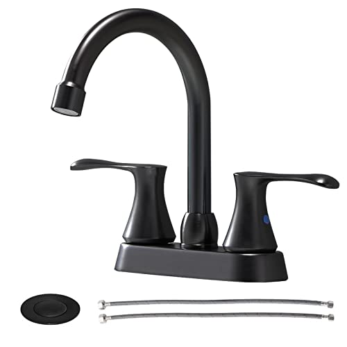 Comllen 2 Handle Modern Black Bathroom Faucet, 4 Inch Matte Black Bathroom Sink Faucet with Pop Up Drain Assembly and Faucet Supply Lines, Lead-Free Bathroom Vanity Lavatory Faucet for Bathroom Sink